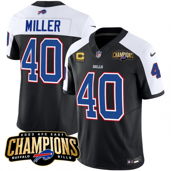 Men's Buffalo Bills #40 Von Miller Black White 2023 F.U.S.E. AFC East Champions With 4-star C Football Stitched Jersey - Ujersey