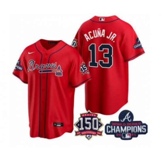 Men's Atlanta Braves #13 Ronald Acuna Jr. 2021 Red World Series Champions With 150th Anniversary Patch Cool Base Stitched Jersey - Ujersey