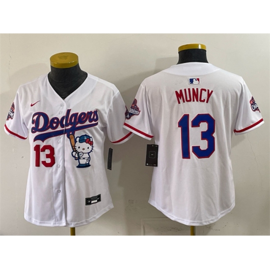 Women's Los Angeles Dodgers #13 Max Muncy White Hello Kitty Night 2025 World Series Champions Stitched Baseball Jersey(Run Small) - Ujersey