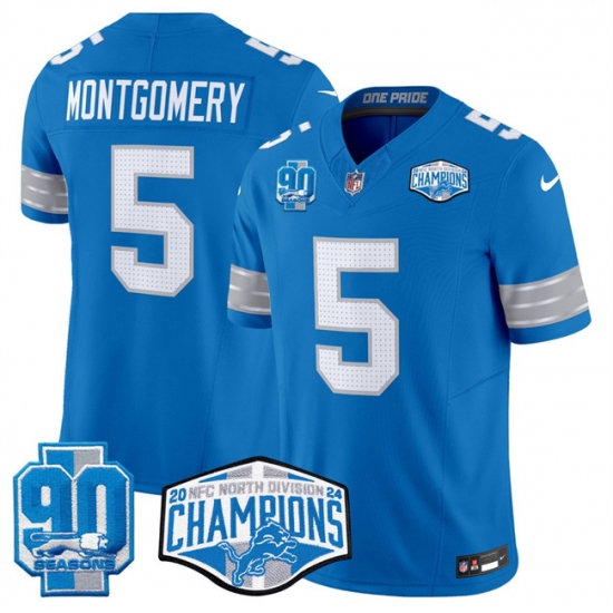 Men's Detroit Lions #5 David Montgomery Blue 2024 NFC North Champions 90th Anniversary F.U.S.E. Vapor Limited Stitched Jersey - Ujersey