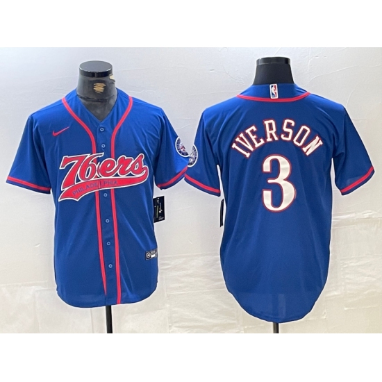 Men's Philadelphia 76ers #3 Allen Iverson Blue With Cool Base Stitched Baseball Jersey - Ujersey