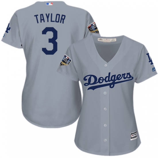 Women's Majestic Los Angeles Dodgers #3 Chris Taylor Authentic Grey Road Cool Base 2018 World Series MLB Jersey - Ujersey