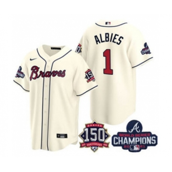 Men's Atlanta Braves #1 Ozzie Albies 2021 Cream World Series Champions With 150th Anniversary Patch Cool Base Stitched Jersey - Ujersey