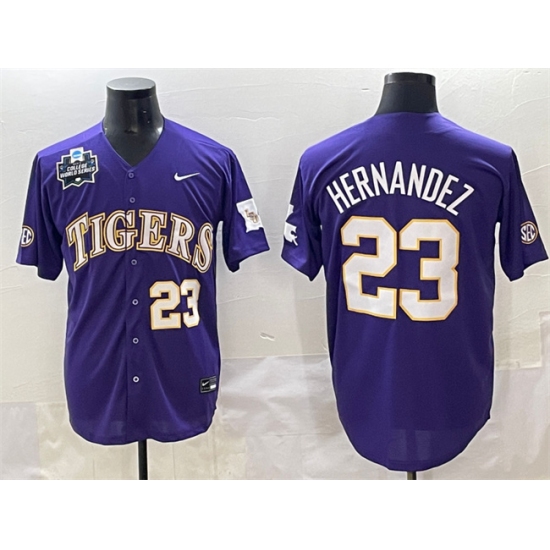 Men's LSU Tigers #23 Luis Hernandez Purple 2025 World Series & SEC Patch Stitched Baseball Jersey - Ujersey