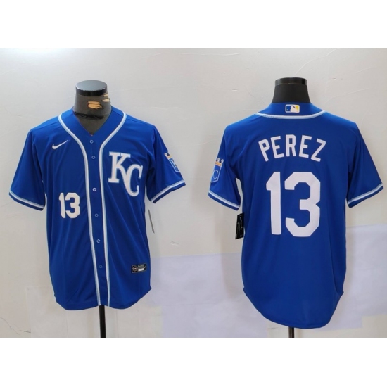 Men's Kansas City Royals #13 Salvador Perez Number Blue KC Cool Base Stitched Jersey