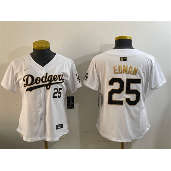Women's Los Angeles Dodgers #25 Tommy Edman White Gold Home Limited Stitched Baseball Jersey(Run Small) - Ujersey