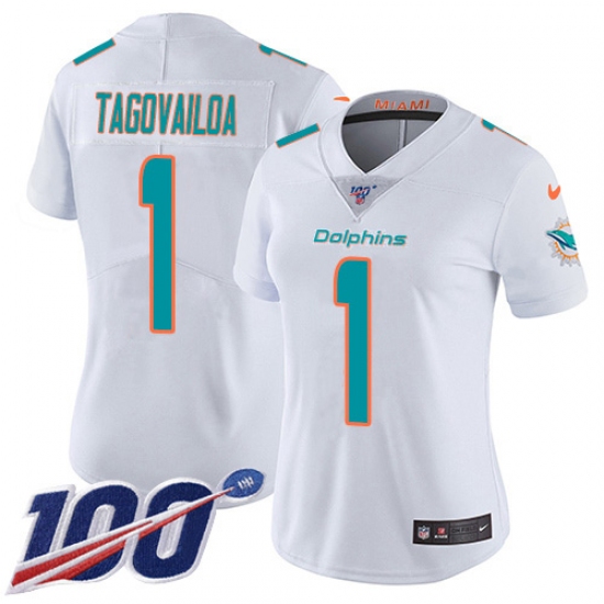 Women's Miami Dolphins #1 Tua Tagovailoa White Stitched 100th Season Vapor Untouchable Limited Jersey - Ujersey