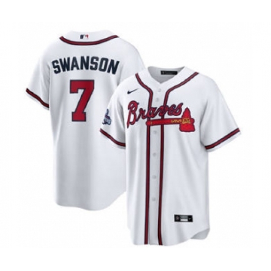 Men's Atlanta Braves #7 Dansby Swanson 2021 White World Series Champions Cool Base Stitched Jersey - Ujersey