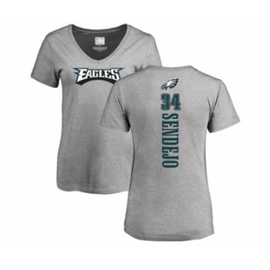 Women's Philadelphia Eagles #34 Andrew Sendejo Ash Backer V-Neck T-Shirt - Ujersey
