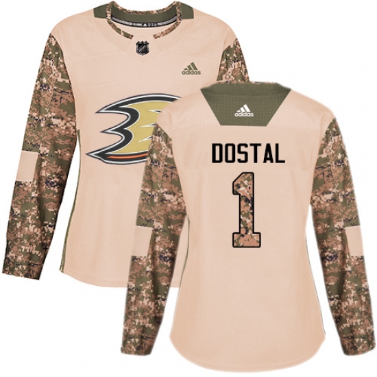 Women's Adidas Anaheim Ducks #1 Lukas Dostal Authentic Camo Veterans Day Practice NHL Jersey - Ujersey