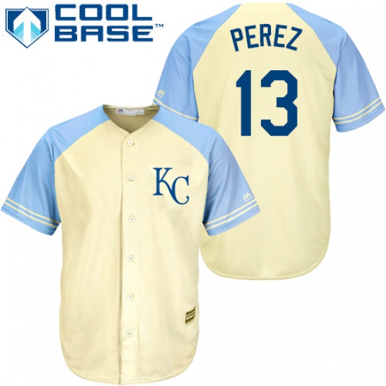 Men's Majestic Kansas City Royals #13 Salvador Perez Authentic Cream Exclusive Vintage Cool Base MLB Jersey - Ujersey
