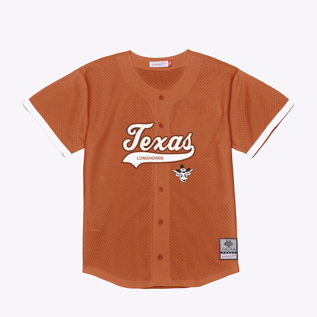 Men's Mitchell & Ness Texas Orange Texas Longhorns Mesh Button-Up Batting Practice Baseball Jersey - SUjersey01