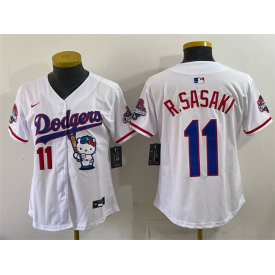 Women's Los Angeles Dodgers #11 Roki Sasaki White Hello Kitty Night 2025 World Series Champions Stitched Baseball Jersey(Run Small) - Ujersey