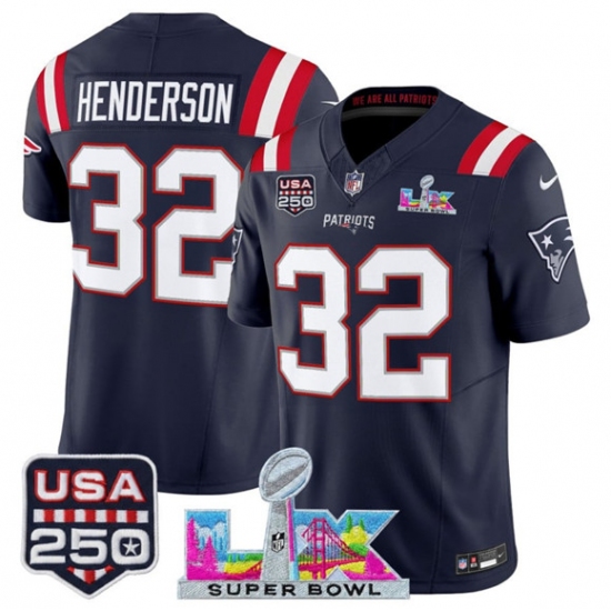 Men's New England Patriots #32 TreVeyon Henderson Navy 2025 F.U.S.E. Super Bowl LX And USA 250 Vapor Limited Football Stitched Jersey - Ujersey