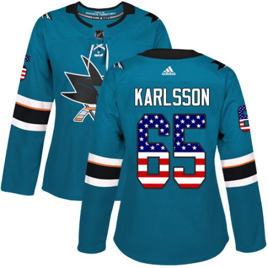 Women's Adidas San Jose Sharks #65 Erik Karlsson Authentic Teal Green USA Flag Fashion NHL Jersey - Ujersey
