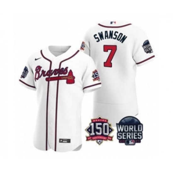 Men's Atlanta Braves #7 Dansby Swanson 2021 White World Series Flex Base With 150th Anniversary Patch Baseball Jersey - Ujersey