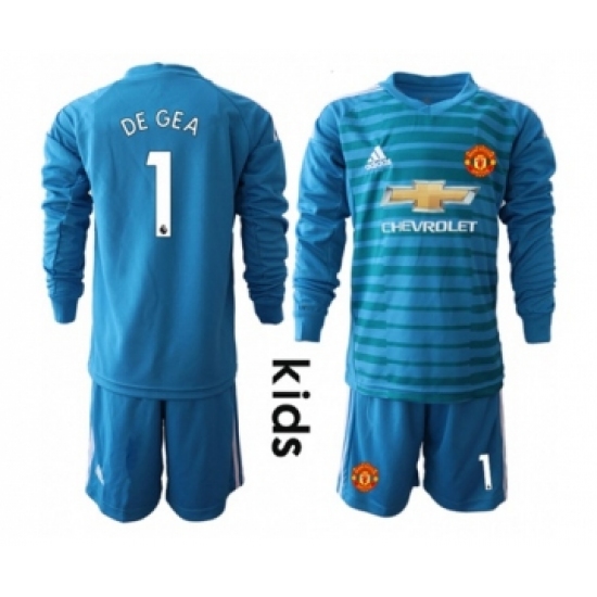 Manchester United #1 De Gea Blue Goalkeeper Long Sleeves Kid Soccer Club Jersey