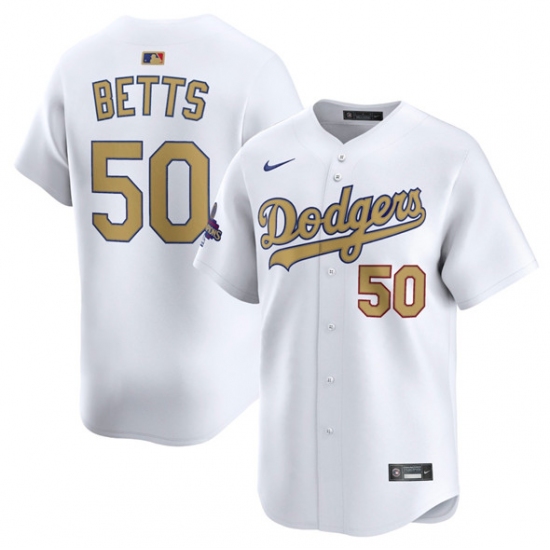 Men's Los Angeles Dodgers #50 Mookie Betts White 2025 Gold Collection Limited Stitched Baseball Jersey - Ujersey