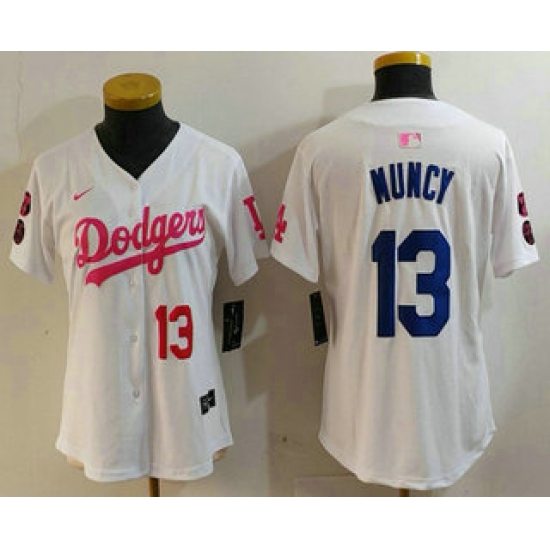 Women's Los Angeles Dodgers #13 Max Muncy Number White Pink With Limited Stitched Jersey