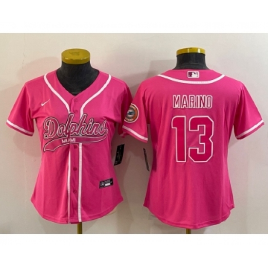 Women's Miami Dolphins #13 Dan Marino Pink With Patch Cool Base Stitched Baseball Jersey - Ujersey