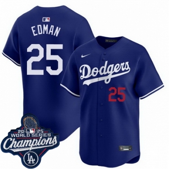 Men's Los Angeles Dodgers 25 Tommy Edman Cool Base 2025 World Champions Stitched Baseball Jersey Blue - Ujersey