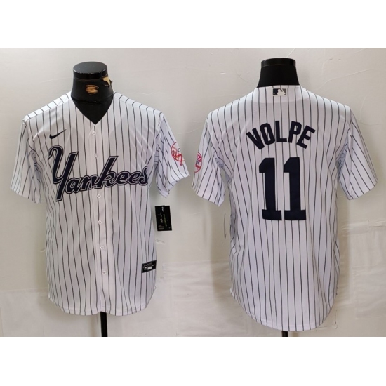 Men's New York Yankees #11 Anthony Volpe White Pinstripe Fashion Cool Base Jersey - Ujersey