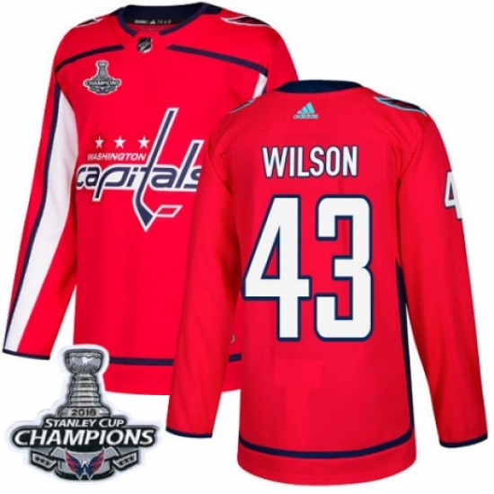 Men's Adidas Washington Capitals #43 Tom Wilson Premier Red Home 2018 Stanley Cup Final Champions NHL Jersey