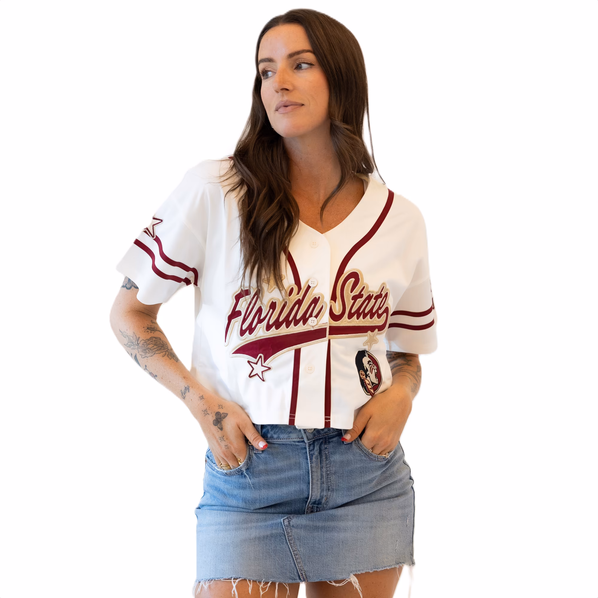 Women's Gameday Social Off White Florida State Seminoles Cropped Patch Baseball Fashion Jersey - Ujersey Shop