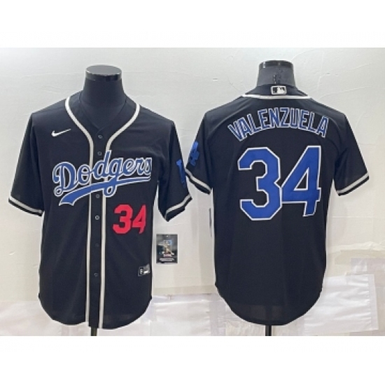 Men's Los Angeles Dodgers #34 Fernando Valenzuela Black Blue Name Stitched MLB Cool Base Nike Jersey - Ujersey