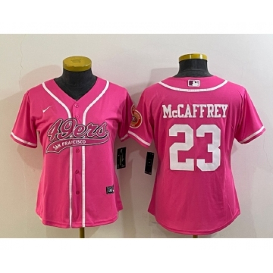 Women's San Francisco 49ers #23 Christian McCaffrey Pink With Patch Cool Base Stitched Baseball Jersey - Ujersey