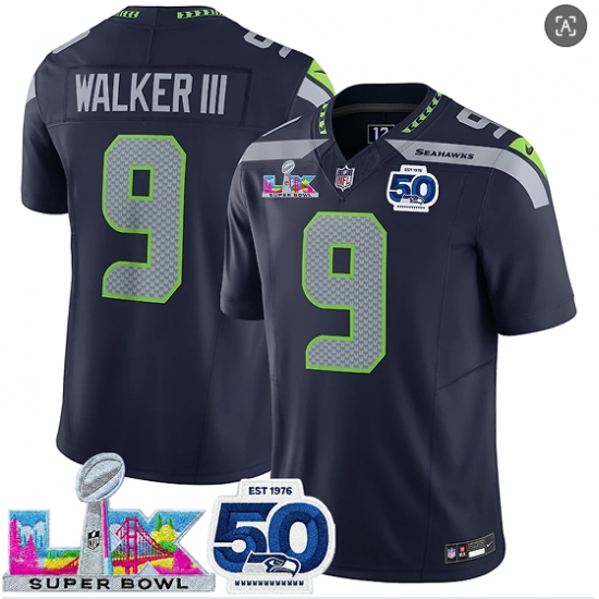 Men's Seattle Seahawks #9 Kenneth Walker III Navy 2025 F.U.S.E. Super Bowl LX And 50th Season Vapor Limited Football Stitched Jersey - Ujersey