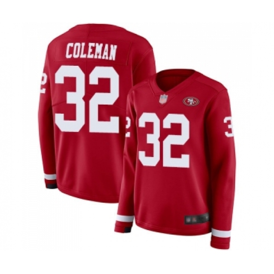 Women's San Francisco 49ers #32 Tevin Coleman Limited Red Therma Long Sleeve Football Jersey - Ujersey