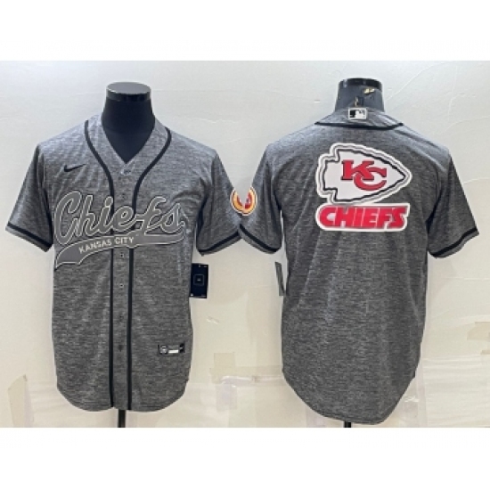 Men's Kansas City Chiefs Grey Team Big Logo With Patch Cool Base Stitched Baseball Jersey - Ujersey