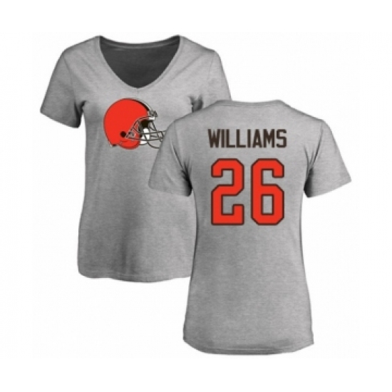 Football Women's Cleveland Browns #26 Greedy Williams Ash Name & Number Logo T-Shirt - Ujersey