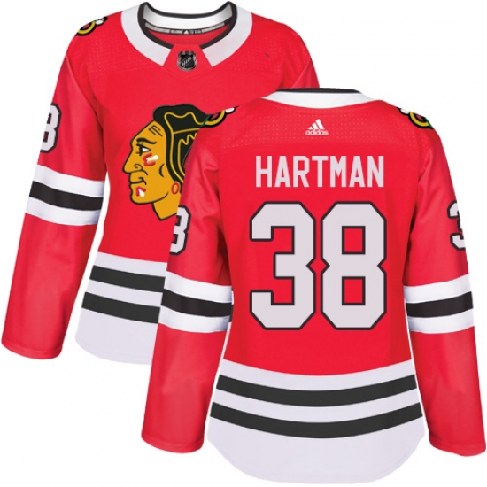 Women's Adidas Chicago Blackhawks #38 Ryan Hartman Authentic Red Home NHL Jersey