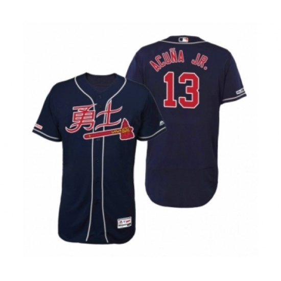 Men's 2019 Asian Heritage Month Atlanta Braves #13 Ronald Acuna Jr. Navy Chinese Flex Base Jersey