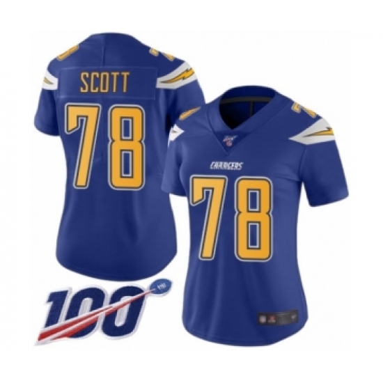 Women's Los Angeles Chargers #78 Trent Scott Limited Electric Blue Rush Vapor Untouchable 100th Season Football Jersey - Ujersey