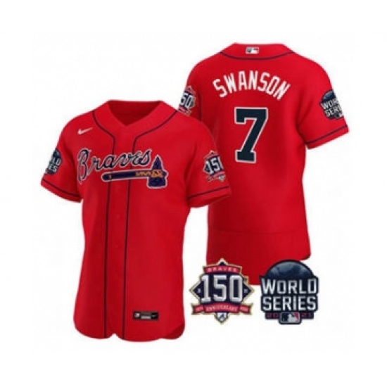 Men's Atlanta Braves #7 Dansby Swanson 2021 Red World Series Flex Base With 150th Anniversary Patch Baseball Jersey - Ujersey