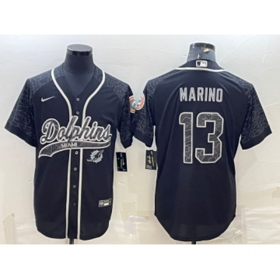 Men's Miami Dolphins #13 Dan Marino Black Reflective With Patch Cool Base Stitched Baseball Jersey - Ujersey