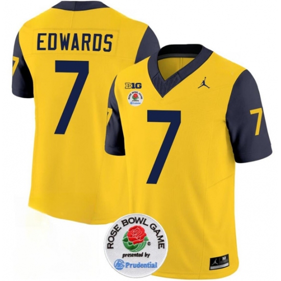 Men's Michigan Wolverines #7 Donovan Edwards 2023 F.U.S.E. Yellow Navy Rose Bowl Stitched Jersey - Ujersey