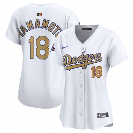 Women's Los Angeles Dodgers #18 Yoshinobu Yamamoto White 2025 Gold Collection Limited Stitched Baseball Jersey(Run Small) - Ujersey