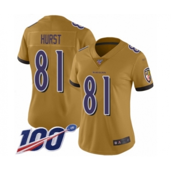 Women's Baltimore Ravens #81 Hayden Hurst Limited Gold Inverted Legend 100th Season Football Jersey - Ujersey