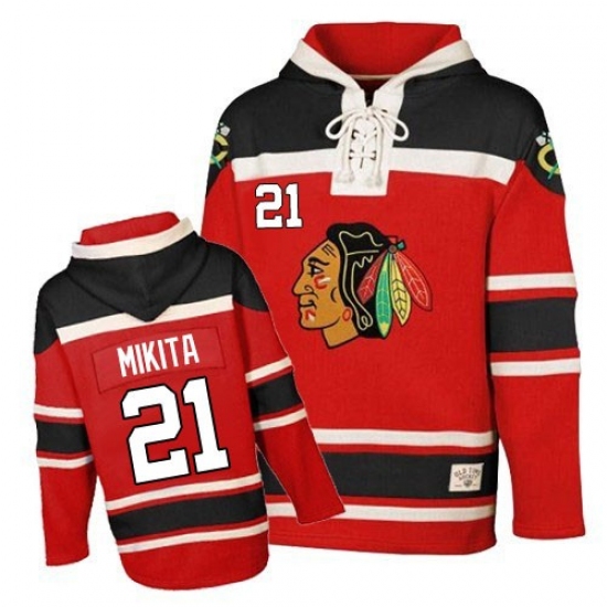 Men's Old Time Hockey Chicago Blackhawks #21 Stan Mikita Premier Red Sawyer Hooded Sweatshirt NHL Jersey - Ujersey