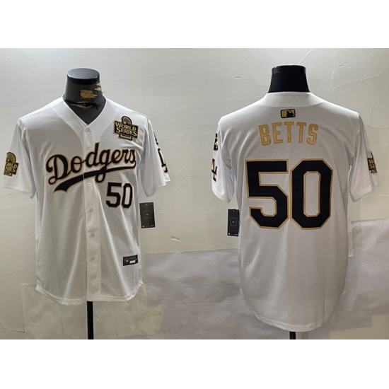 Men's Los Angeles Dodgers #50 Mookie Betts White Gold 2024 World Series With Fernando Memorial Limited Stitched Baseball Jerseys - Ujersey