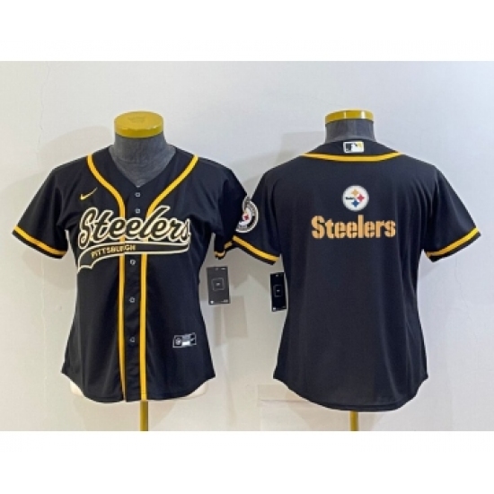 Women's Pittsburgh Steelers Black Team Big Logo With Patch Cool Base Stitched Baseball Jersey - Ujersey