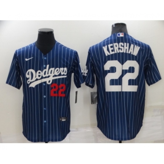 Men's Los Angeles Dodgers #22 Clayton Kershaw Navy Blue Pinstripe Stitched MLB Cool Base Nike Jersey - Ujersey
