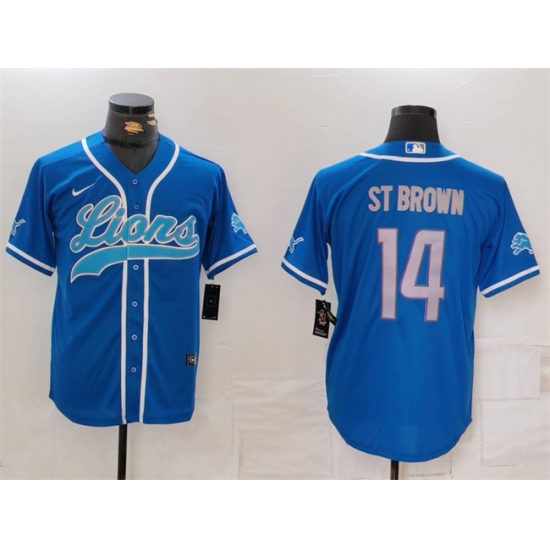Men's Detroit Lions #14 Amon-Ra St. Brown Blue Cool Base Stitched Baseball Jersey - ujerseystore