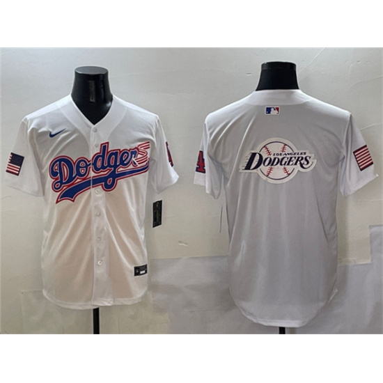 Men's Los Angeles Dodgers Team Big Logo White With American Flag Limited Stitched Baseball Jersey - Ujersey