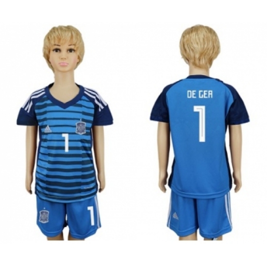 Spain #1 De Gea Blue Goalkeeper Kid Soccer Country Jersey
