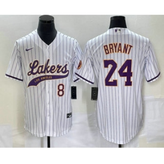 Men's Los Angeles Lakers #8 #24 Kobe Bryant White Pinstripe Cool Base Stitched Baseball Jersey